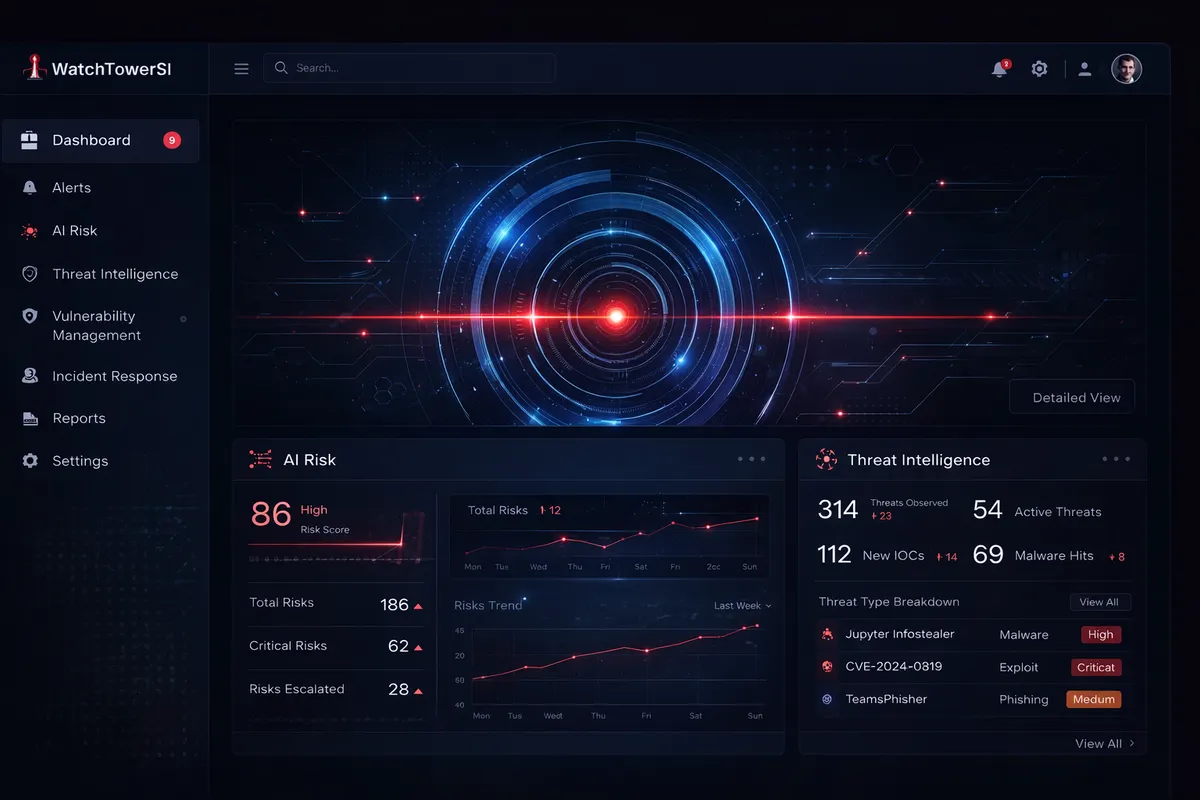 Platform overview dashboard showing unified AI Risk and Threat Intelligence modules with real-time data
